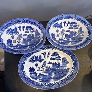 Antique 3 Japan Blue‎ Willow Transferware Luncheon or Small Dinner Plates 9"